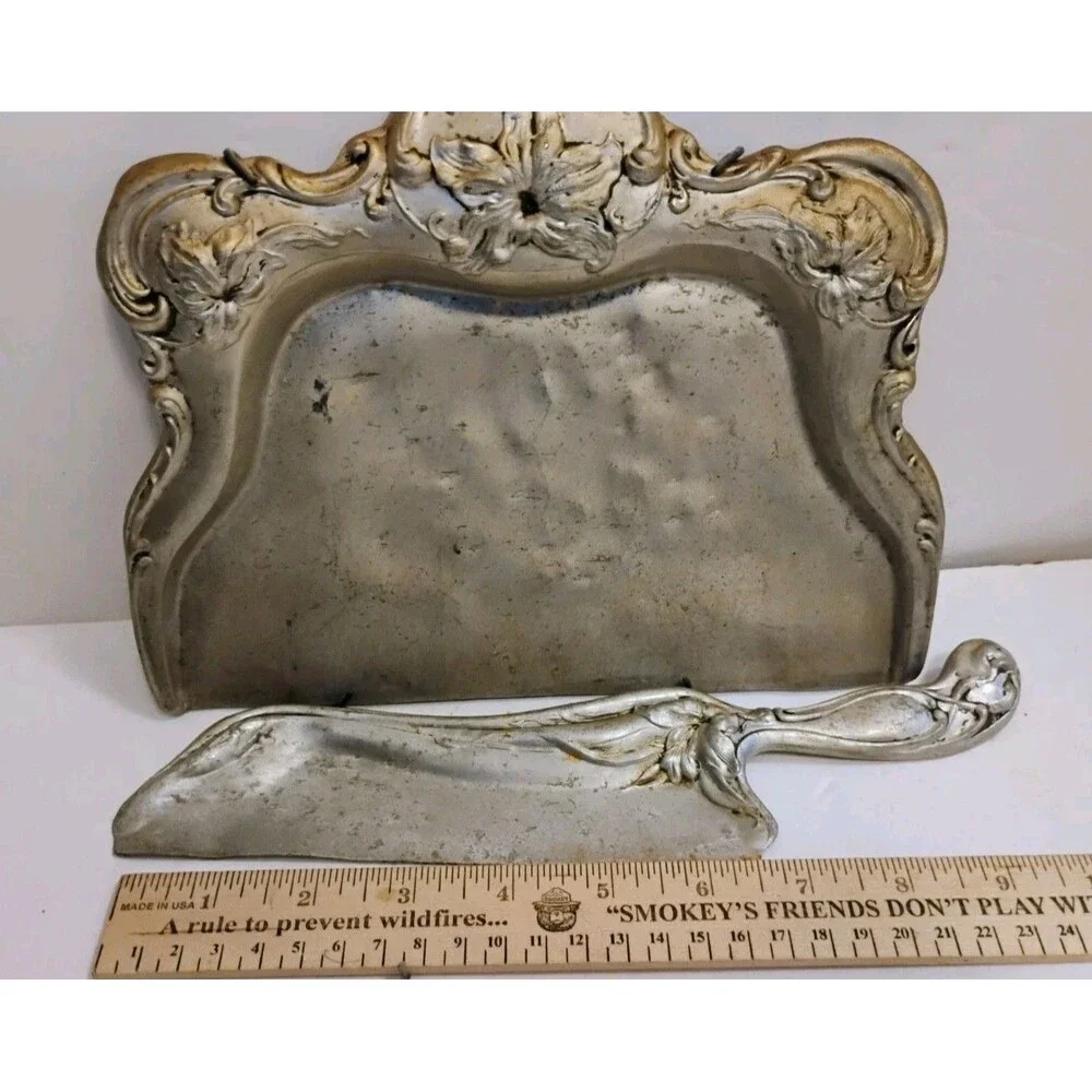Vtg Art Nouveau Silent Butler Crumb Tray Scraper Set Stamped Aluminum Floral